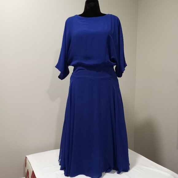100% SILK COBALT BLUE BATWING DRESS WOMEN SIZE L [CHINESE XXL] - Picture 1 of 9